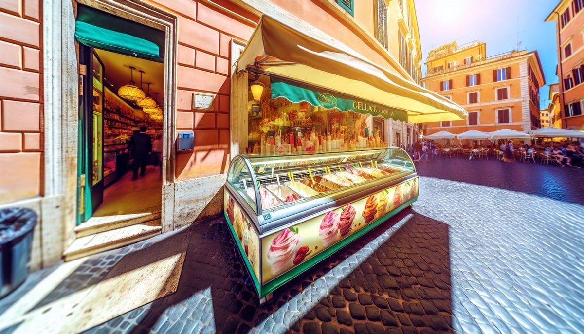 Colorful gelato display at a traditional Roman gelateria