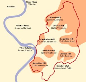 Map showing the seven hills of Rome.