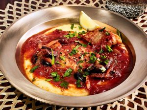 Tomato-Braised Baccala with Olives and Polenta